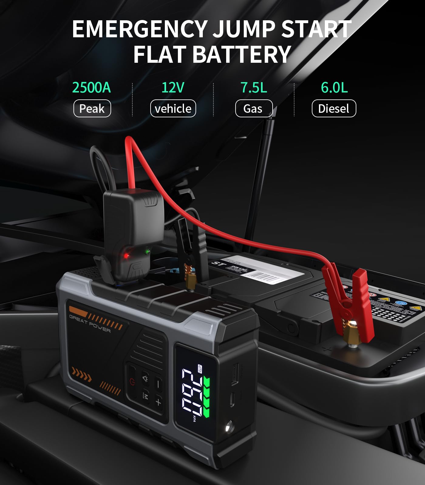 Portable Jump Starter With Air Compressor 2500A Peak With 150Psi Tire Inflator, Jump Box For 12V Car Battery Power Booster Pack